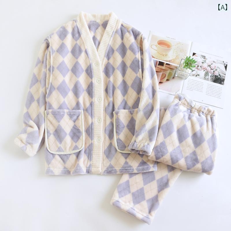 パジャマ ルームウェア レディース マタニティ 産褥 授乳服 陣痛着 フランネル ポリエステル 保温 あったか 厚手 長袖 ロングパンツ 上下セット シンプル カジュアル パープル 菱形柄 秋冬