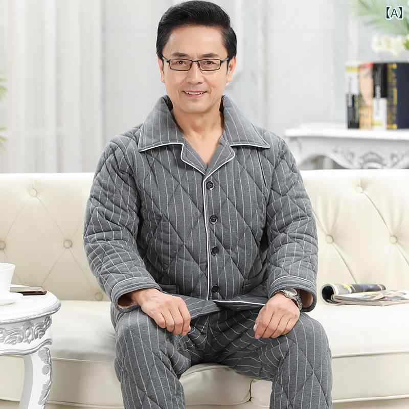 パジャマ メンズ 男性用 中高年 シニア 三層キルト 中綿入り 裏起毛 綿 コットン 厚手 極厚 保温 あったか 快適 ルームウェア 部屋着 セットアップ 襟付き 長袖 長ズボン 秋冬