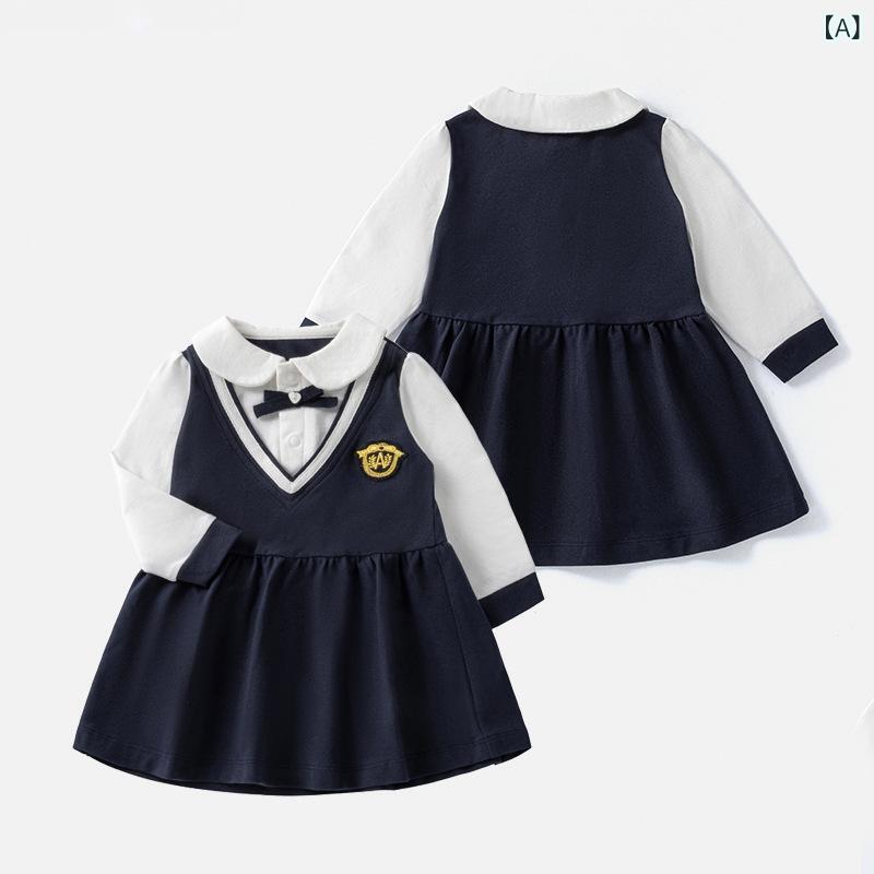 ワンピース 女の子 ベビー キッズ スクール風 フェイクレイヤード 切り替え エンブレム プリンセスドレス セレモニー フォーマル 誕生日 発表会 結婚式 お呼ばれ コットン 春秋 ブルー の商品写真