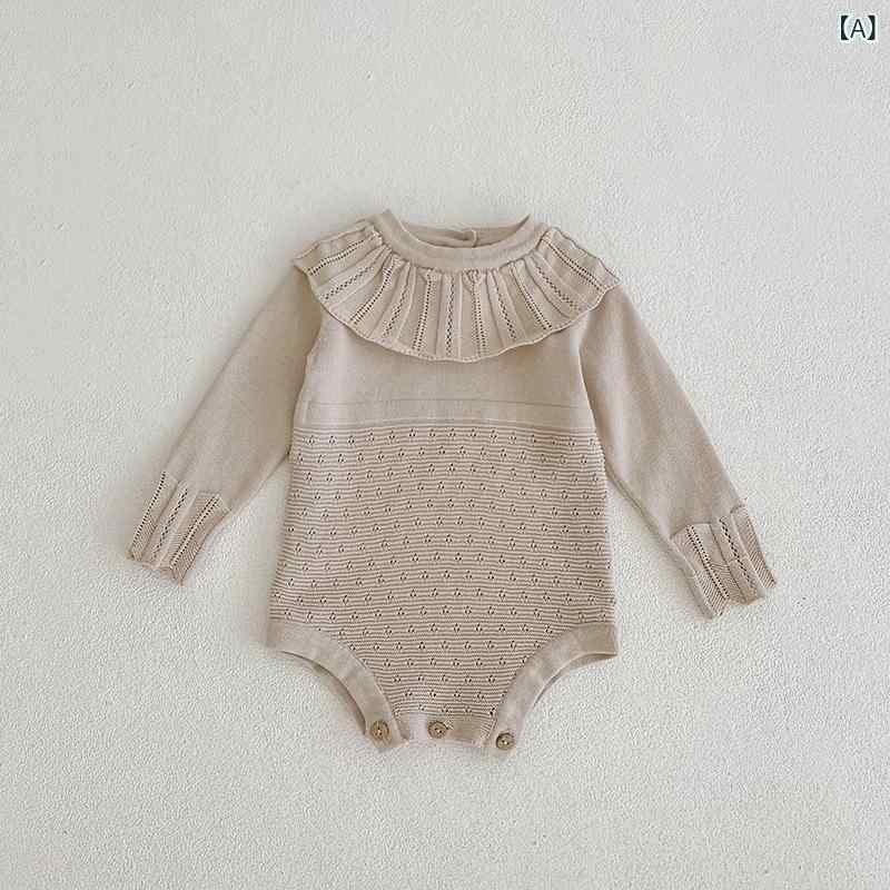 ロンパース カバーオール ベビー服 女の子 女児 新生児 乳児 春秋 ニット 綿 コットン フリル襟 長袖 ロングスリーブ 薄手 薄地 肌に優しい 柔らかい ピンク系 ルームウェア 普段使い 韓国ファッション