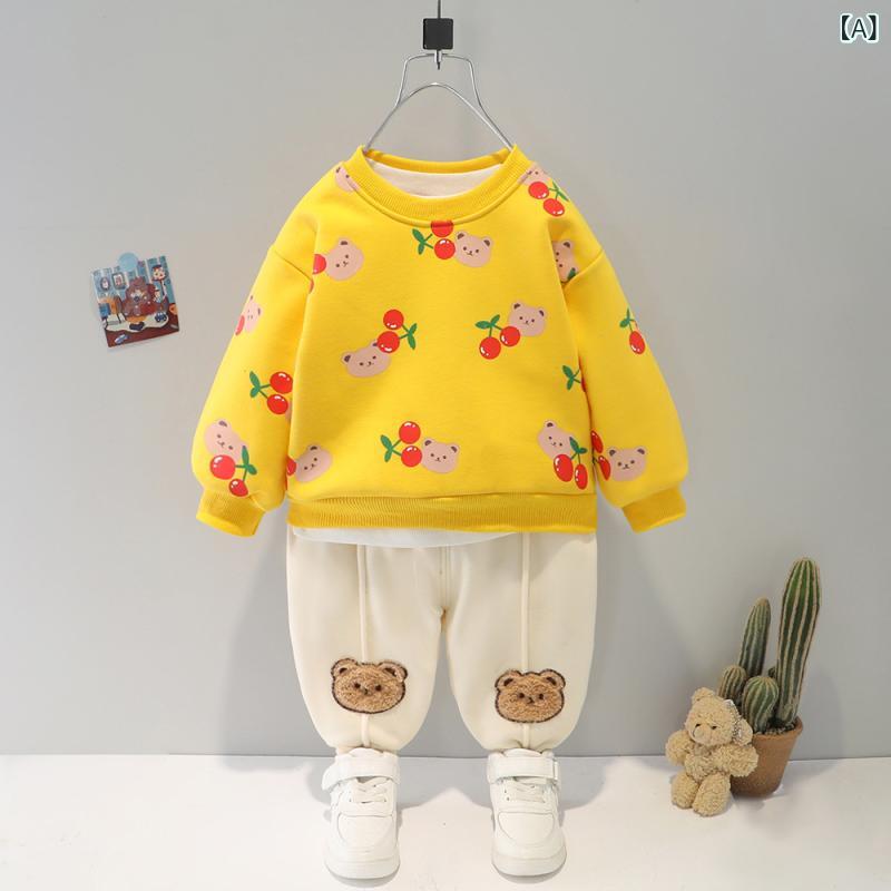 ベビー キッズ セットアップ 男女兼用 裏起毛 トレーナー スウェット 長袖 上下セット キャラクター アニマル柄 厚手 あったか 防寒 綿 コットン カジュアル 普段使い 秋冬 イエロー レッド