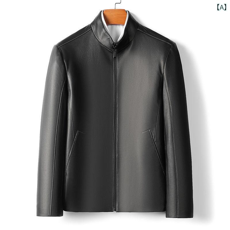 レザージャケット メンズ 男性用 羊革 シープスキン 本革 ライダース スタンドカラー ショート丈 スリムフィット ジップアップ 無地 ビジネスカジュアル カジュアルアウター ブラック 春夏