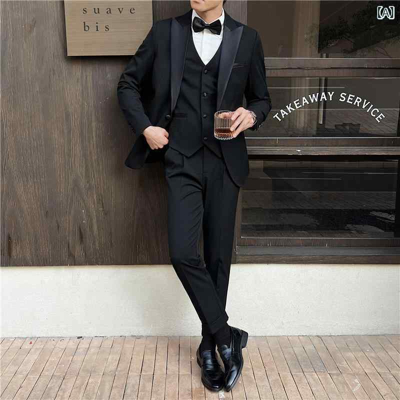 スーツ 男性用 タキシード 新郎 伴郎 結婚式 披露宴 二次会 フォーマル ビジネス 司会 イベント スリーピース スリムフィット 細身 ジャケット ベスト スラックス ポリエステル混紡 ブラック 黒 春秋冬|ラ・グラーヌ