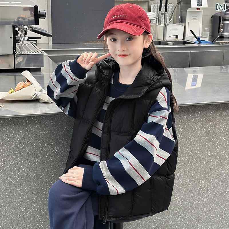 中綿ベスト ジュニア 女の子 秋冬物 防寒 保温 フード付き 厚手 ゆったり ルーズシルエット ポリエステル カジュアル おしゃれ 通学 普段着