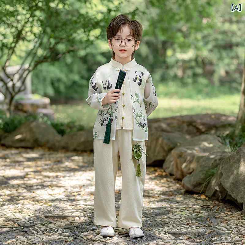 漢服 子供 キッズ 男の子 女の子 かわいい パンダ柄 長袖 セットアップ 小学生 発表会 舞台衣装 イベント 伝統衣装 中国古典 春秋 綿 ポリエステル 柔らか素材