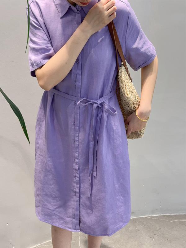 ワンピース レディース 春夏 半袖 リネン 麻 無地 ミモレ丈 開襟 前開き ゆったり 体型カバー 着やせ ウエストマーク 5分袖 Aライン シンプル 楽ちん カジュアル 通勤 通学 お出かけ|ラ・グラーヌ