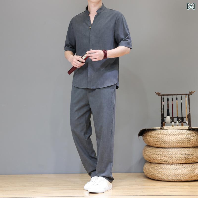 セットアップ メンズ 夏 中国風 中華服 高級感 半袖 Tシャツ テンセル リネン 麻 ロングパンツ 長ズボン 2点セット カジュアル リラックス 普段使い グレー系 ブルー カーキ ブラック