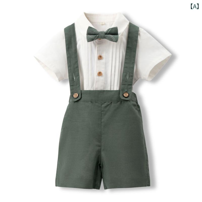 子供服 男の子 ベビー 幼児 春夏 無地 半袖シャツ サロペット ショートパンツ 2点セット 綿 コットン フォーマル セレモニー 結婚式 発表会 誕生日 お出かけ デイリー カジュアル グリーン カーキ ブルー ネイビー