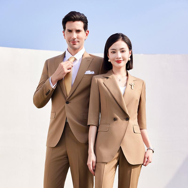 スーツ 男女兼用 ビジネス フォーマル セットアップ ジャケット パンツ 高級感 オフィス 通勤 営業 事務 制服 化繊混紡 再生繊維 カーキ ブルーグレー