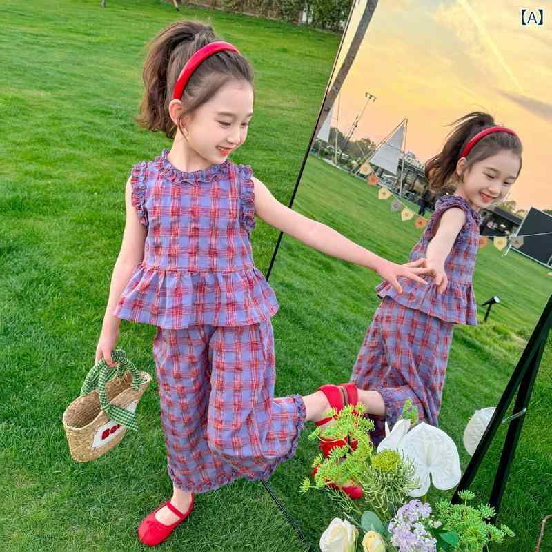 キッズ 女の子 チェック柄 フリル襟 ノースリーブ トップス ワイドパンツ クロップド丈 夏服 カジュアル 子供服 女児 かわいい ツーピース 綿混 薄手 柔らかい 韓国風