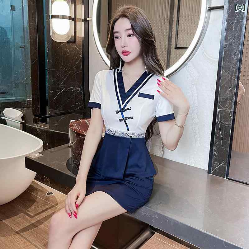 セットアップ 女性用 美容院 エステ フットケア ホテル フロント 受付 接客 制服 ユニフォーム 作業服 薄手 半袖 Vネック 上品 エレガント 吸湿速乾 ポリエステル混合素材 春夏秋