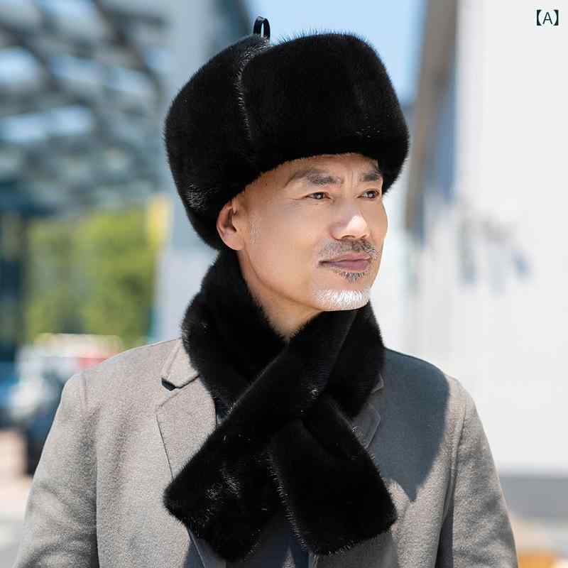 帽子 メンズ 男性用 冬 防寒 保温 ミンクファー ハット 高級感 本革 羊革 レザー 耳当て付き 厚手 飛行帽 カジュアル マフラーセット