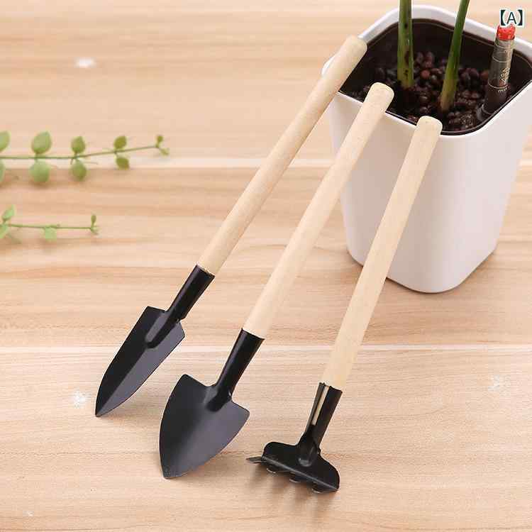 園芸用品 3点セット 小型 家庭菜園 ベランダ菜園 ガーデニング 多機能 手スコップ 移植ごて 熊手 木製ハンドル スチール製 植物 土いじり