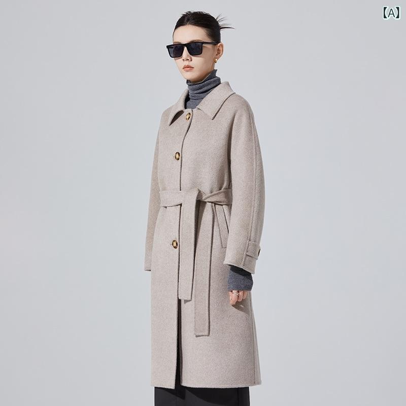 コート レディース 秋冬 テーラードカラー ウール カシミヤ ダブルフェイス ゆったり ミドルロング丈 無地 厚手 上質 手縫い仕立て アウター オートミール モダングレー ブラック
