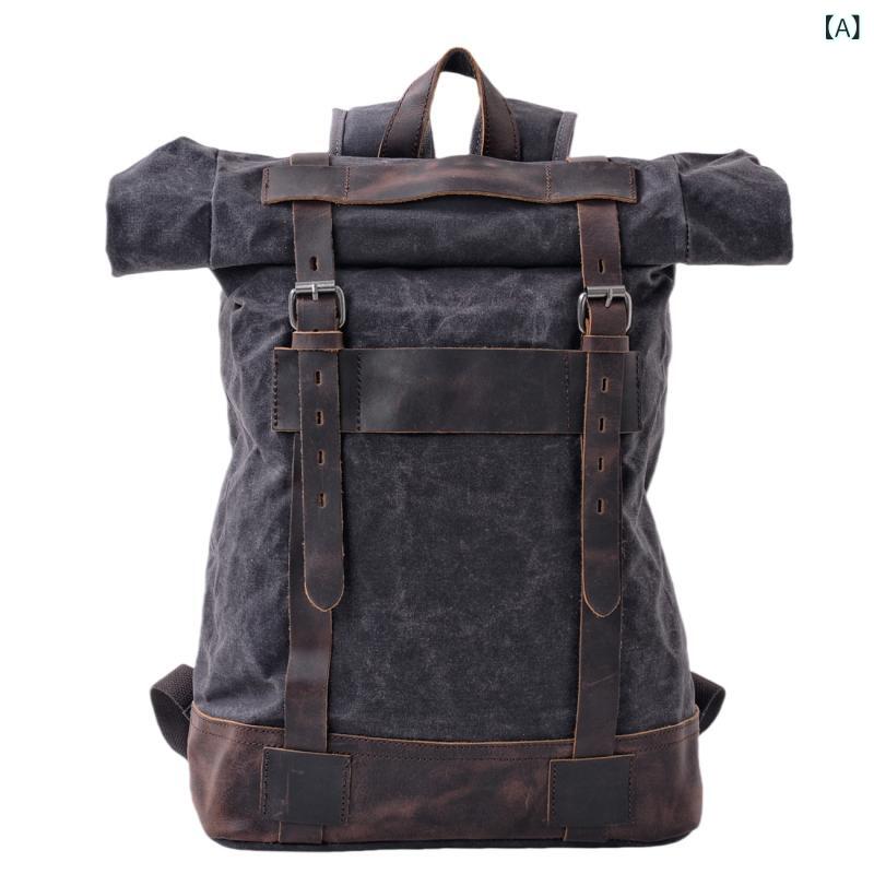 リュックサック メンズ 欧米レトロ アウトドア カジュアル 登山 ハイキング トレッキング 大容量 ロールトップ キャンバス 帆布 切り替え 本革 レザー 旅行鞄 トラベルバッグ 通気性