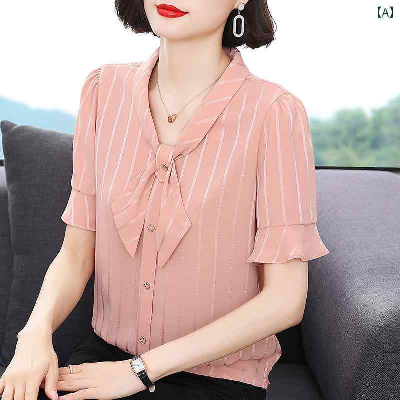 Tシャツ レディース 半袖 トップス シフォン ポリエステル プルオーバー ゆったり ルーズフィット ショート丈 Vネック 切り替え 伸縮性 スタイルアップ 無地 ピンク 薄手 軽量 春夏 通勤 オフィス きれいめ