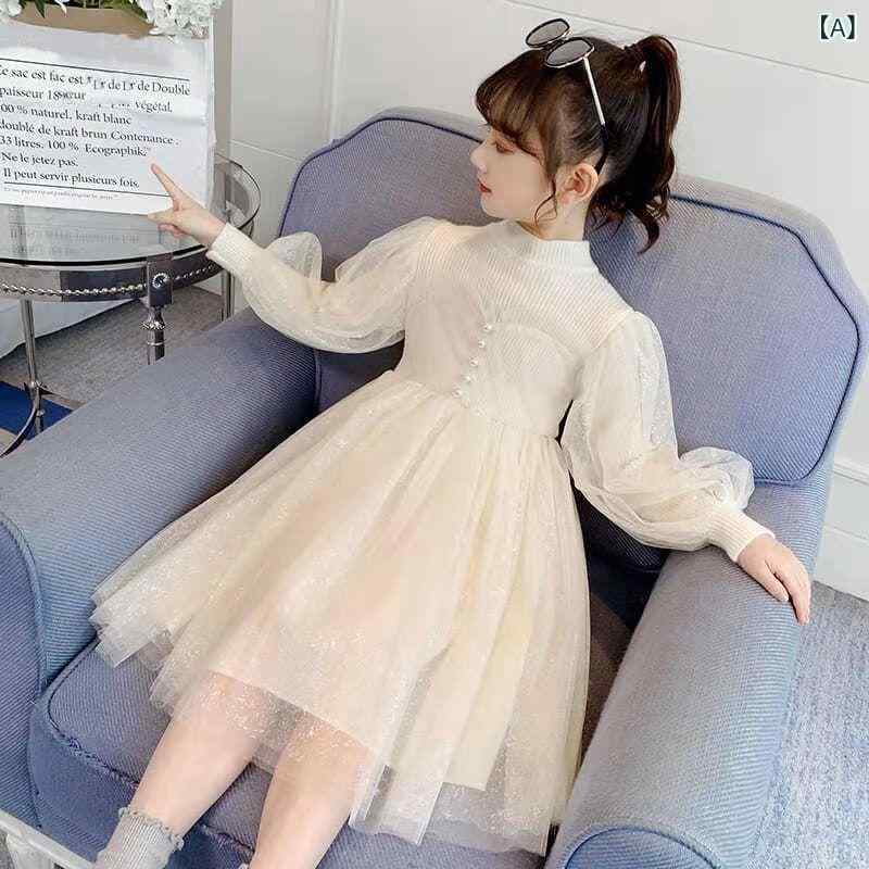 ワンピース 女の子 ガールズ プリンセスドレス ふんわり 柔らか パフスリーブ チュール Aライン 長そで 綿 コットン 無地 春 秋冬 裏起毛 ジュニア