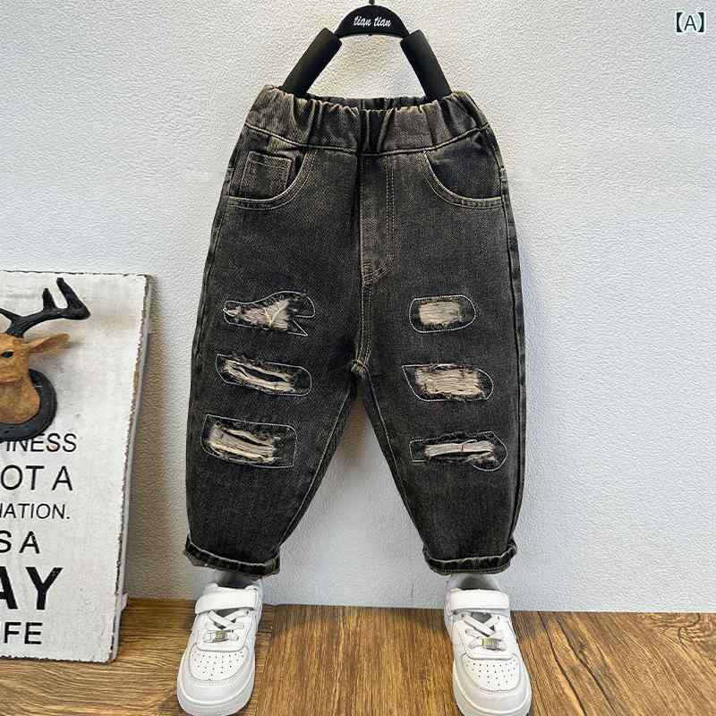 ボトムス 男の子 キッズ デニム ダメージ加工 ルーズフィット ダッドパンツ 韓国風 ストリート カジュアル ブラック 綿 コットン ロングパンツ
