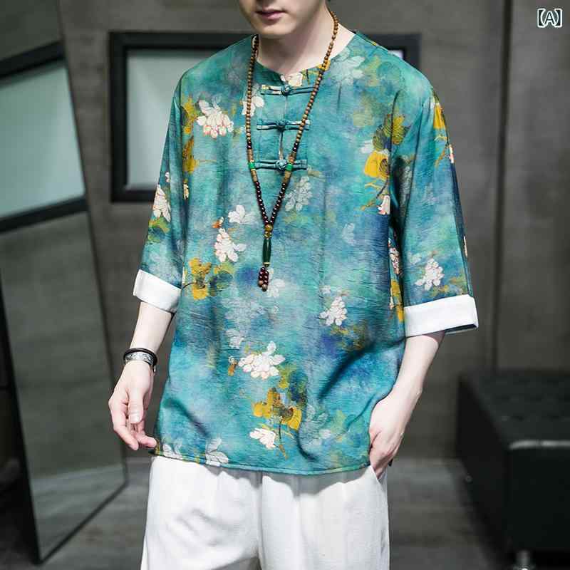 Tシャツ トップス メンズ 男性用 中国風 漢服 唐装 接触冷感 レトロ プリント 総柄 ゆったり ルーズフィット ビッグシルエット 五分袖 ポリエステル グリーン 黄色 春夏 普段使い