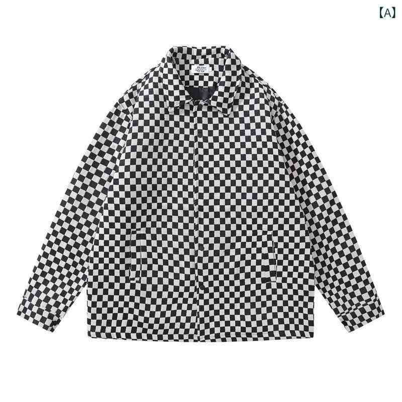 ジャケット メンズ 男性用 秋冬 アメリカンヴィンテージ レトロ チェック柄 プリント ワーク ルーズフィット ゆったり 襟付き コットン アウター ブラック