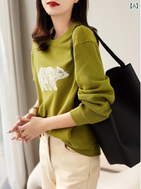 トレーナー レディース 立体刺繍 シロクマ柄 ポリエステル クルーネック 丸首 長袖 中厚手 ストレートシルエット きれいめ カジュアル 通勤 オフィス 普段使い 秋 グリーン オレンジ ダークグレーカーディガン・ボレロ