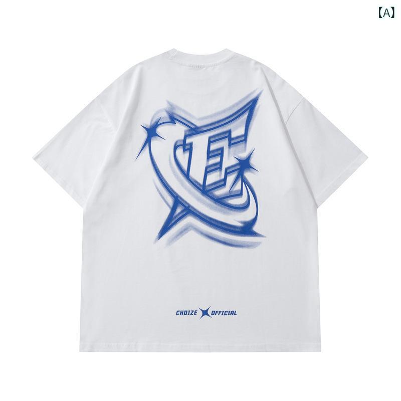 Tシャツ メンズ アメリカン トレンド ヒップホップ ストリート ファッション グラフィティ ロゴ レター プリント ゆったり ビッグシルエット ルーズフィット 夏 カップル ペア 男女兼用 綿 コットン クルーネック 白 黒