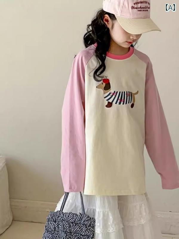 Tシャツ キッズ 女児 ガールズ 長袖 トップス 春夏 韓国風 おしゃれ カジュアル 綿 クルーネック アニマル柄 キャラクター柄 ソフト肌触り 保温 インナー ピンク