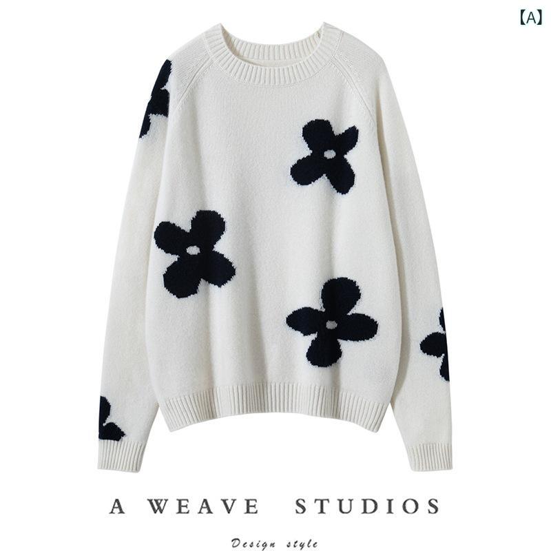 ニット レディース 女性用 クルーネック 丸首 カシミヤ 厚手 高品質 保温性 花柄 フラワー ゆったり ルーズフィット プルオーバー セーター トップス 通勤 オフィス 普段使い