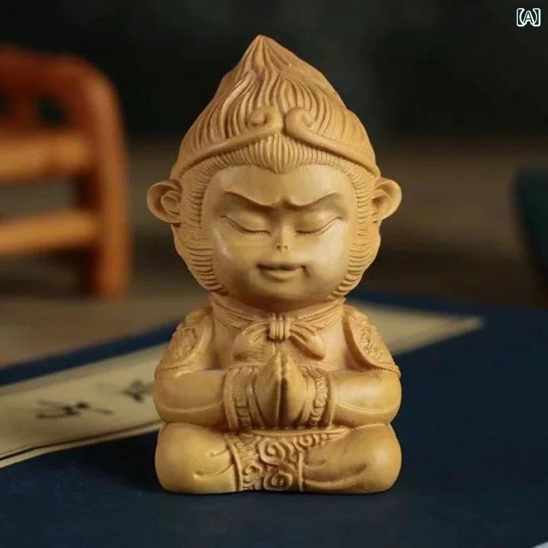 置物 ツゲ材 木彫り 孫悟空 斉天大聖 ミニサイズ ユニークデザイン 高級感 リビング インテリア 玄関 デスクトップ 車内 カーアクセサリー