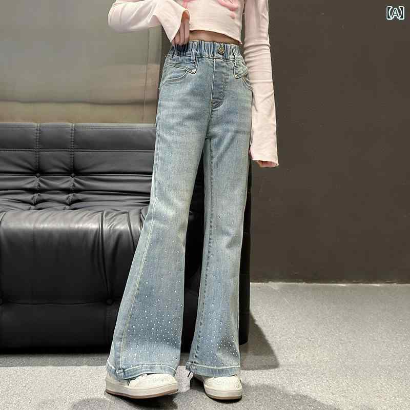 デニムパンツ 女の子 春夏 フレアパンツ 韓国ファッション ラインストーン ホットフィックス ブルー ロング丈 ミドルウエスト ウエストゴム ソフト加工 きらきら 普段使い お出かけ カジュアル ジュニア