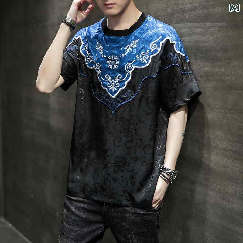Tシャツ メンズ 中国風 オリジナル 雲肩 絹サテン 龍柄 ジャカード織り アップリケ刺繍 ドルマンスリーブ 半袖 薄手 クルーネック ゆったり 抗菌 リネン シルク混 春夏