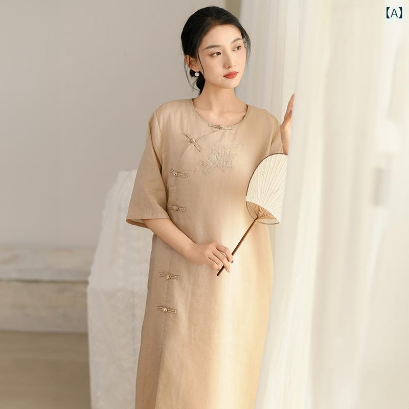 ワンピース レディース 春夏 レトロ 新中華風 チャイナドレス 刺・墸 花柄 ラウンドネック テンセル 苧麻 Aライン ロング丈 五分袖 ゆったり エレガント 普段使い お出かけ ベージュ系 レッド系