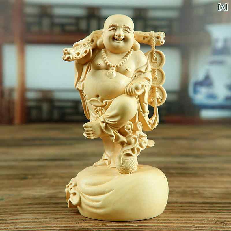 木彫 黄楊木 ツゲ材 弥勒菩薩像 仏像 開運 金運 ラッキーアイテム インテリア 置物 掌玩物 握り物 縁起物 銅銭 研磨仕上げ ハンドメイド 贈り物 プレゼント|ラ・グラーヌ
