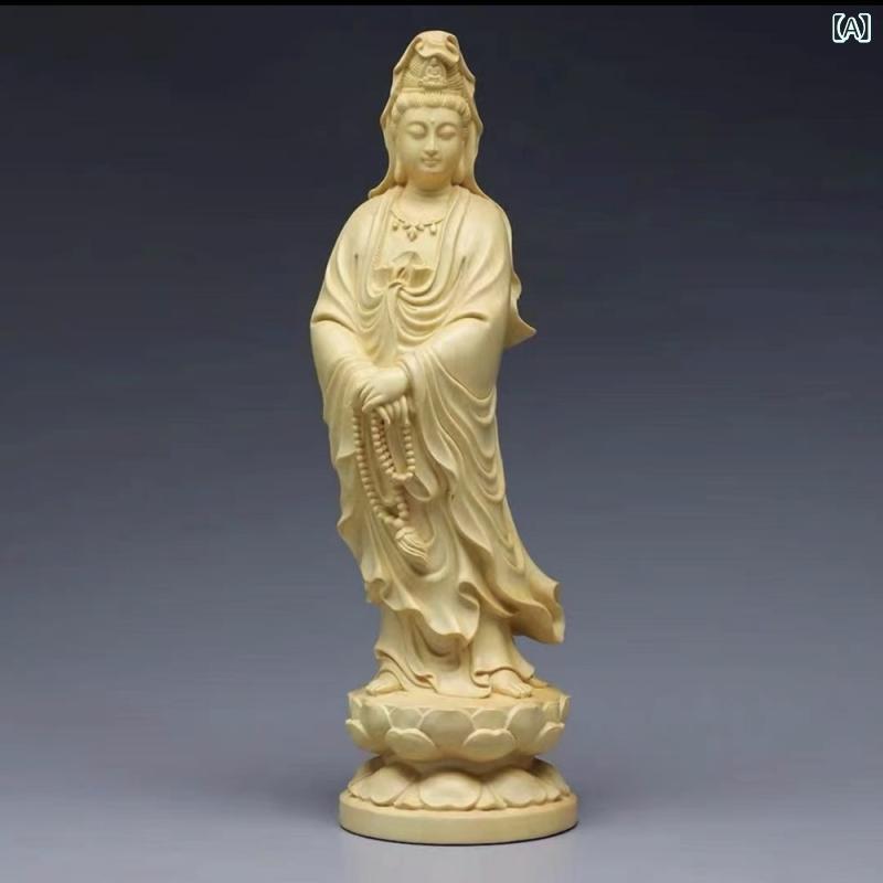 置物 小葉黄楊木製 念珠観音菩薩像 無垢材 手彫り 木彫り工芸 伝統工芸品 精巧な彫刻 卓上飾り インテリア オブジェ 仏像 仏具 開運 お守り 高級感 癒し