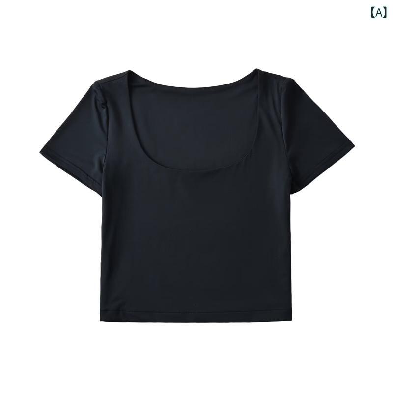 Tシャツ レディース スクエアネック ショート丈 クロップド丈 無地 半袖 ハイウエスト スリムフィット ニットトップス ヘルシー 肌見せ 大人カジュアル Y2Kファッション 春夏