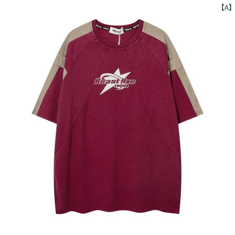 Tシャツ メンズ レディース ユニセックス アメリカンレトロ ヴィンテージ ストリート ウォッシュ加工 ユーズド加工 切り替え バイカラー プリント 半袖 ゆったり オーバーサイズ ペアルック 綿 通気性 春夏 トップス