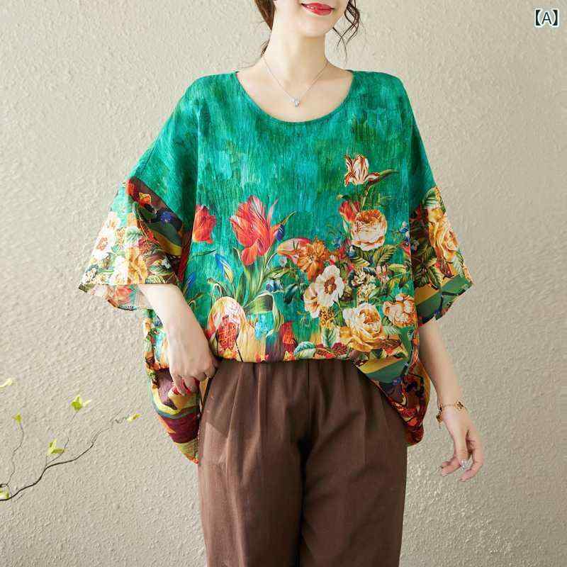 Tシャツ レディース 女性用 春夏 麻綿 リネンコットン アクリル 民族風 エスニック バットスリーブ 七分袖 コウモリ袖 ゆったり ビッグシルエット 大きいサイズ プラスサイズ ラウンドネック 丸首 トップス 通勤 カジュアル