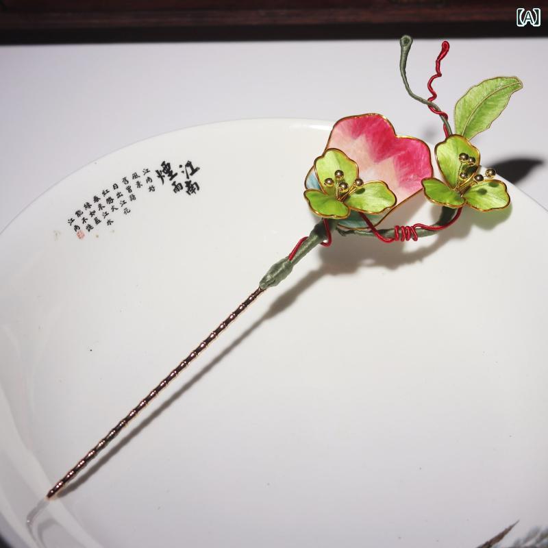 簪 和風 レトロ 手作り ベルベット花 芭蕉扇モチーフ シルク グラデーション アンティーク調 高級感 かわいい 着物 浴衣 和装 ヘアアクセサリー