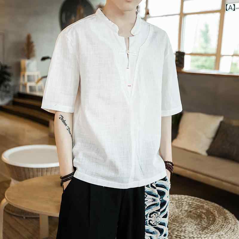 トップス Tシャツ メンズ 男性用 チャイナ風 エスニック 民族風 レトロ ヴィンテージ 綿麻 半袖 飾りボタン ゆったり リラックス ルーズシルエット 大きいサイズ ビッグサイズ 夏 カジュアル 普段使い