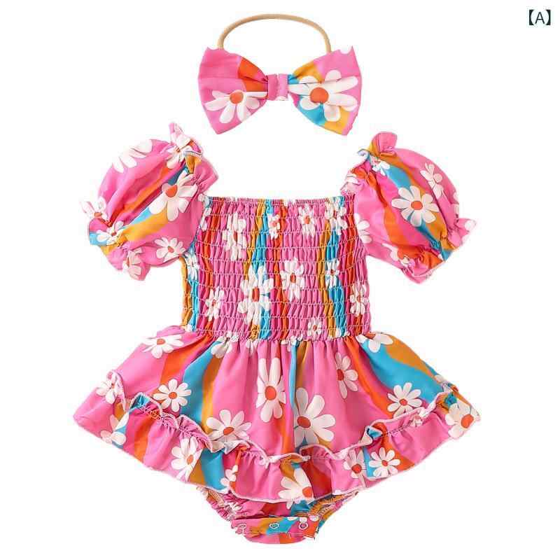ロンパース 女の子 ベビー 春夏 パフスリーブ 半袖 カラフル 花柄 かわいい 薄手 ポリエステル 綿混 カバーオール 普段着 お出かけ 乳幼児
