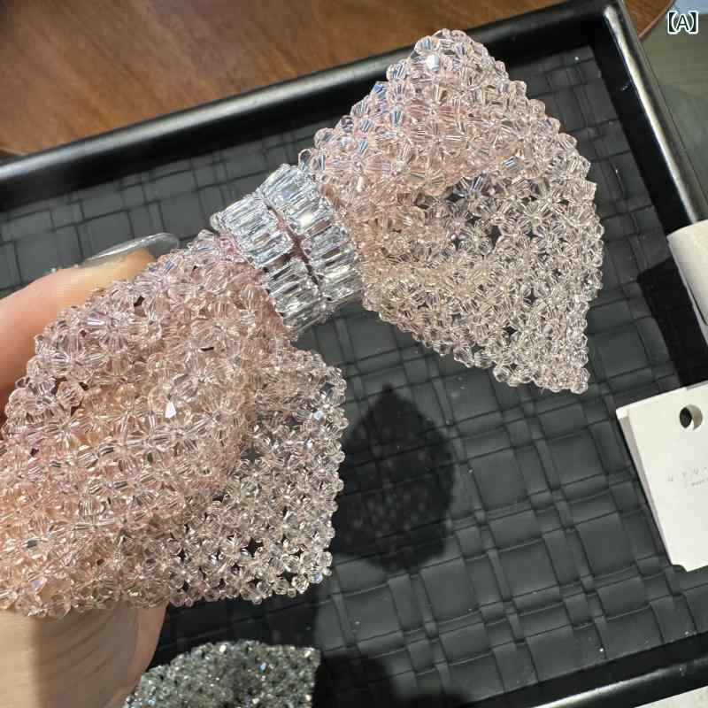 ヘアアクセサリー レディース 韓国風 ハンドメイド クリスタル リボン スプリングクリップ バレッタ ジルコニア 高級感 エレガント 上品 髪留め 髪飾り