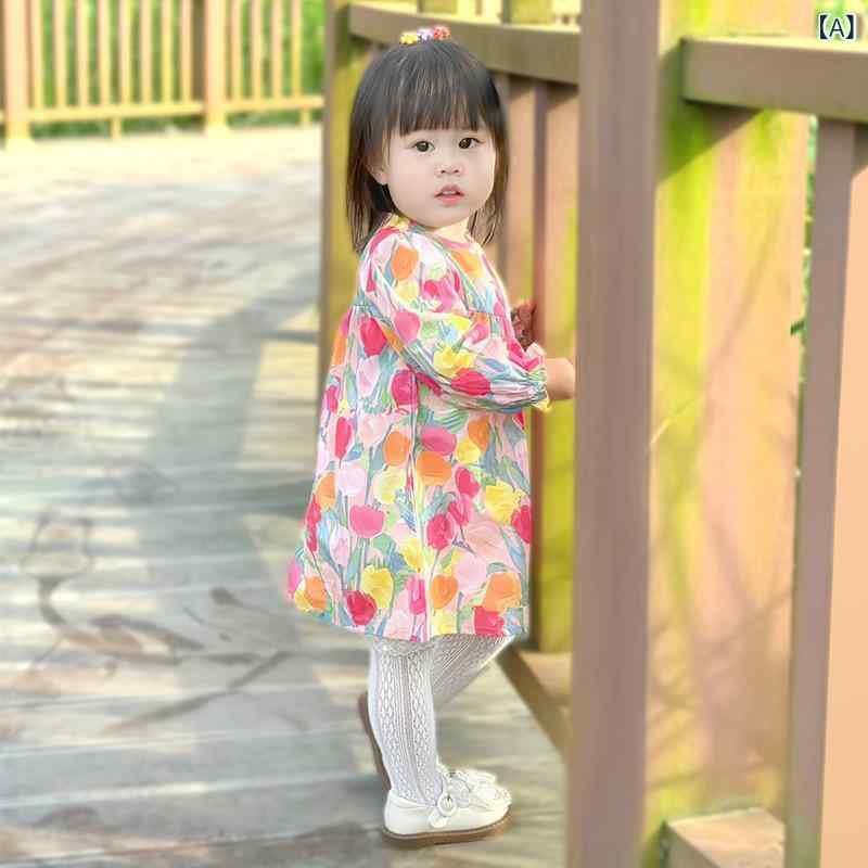 ワンピース ベビー 女の子 幼児服 長袖 プリンセスドレス 花柄 フリルヘム コットン スウィート Aライン お出かけ カジュアル 春秋
