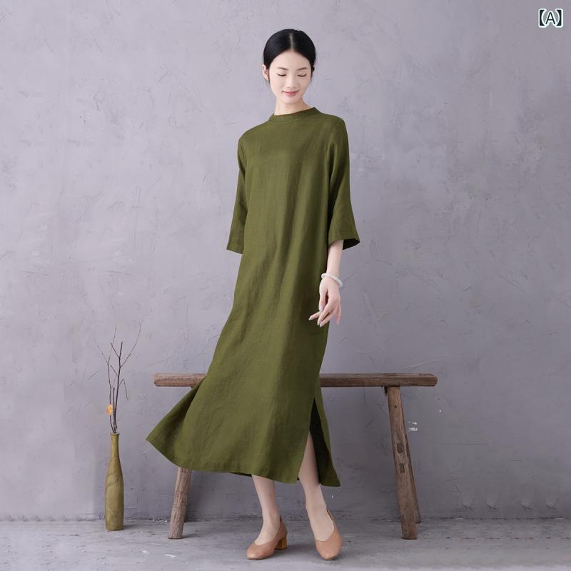 衣装 レディース リネン 麻 ロング丈 心地よい 読みもの ヴィンテージ レトロ モックネック 七分袖 A生産ライン ゆったり 気が大きい大きさ 春夏 オリーブ緑であること