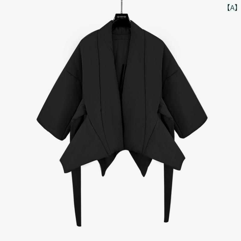 中綿ジャケット レディース 和風レトロな和服デザイン 個性的 帯リボン 結び紐 半袖 ハーフスリーブ 厚手 ゆったり Vネック コットン 綿 快適 着心地良い 通勤 普段使い カジュアル 秋冬