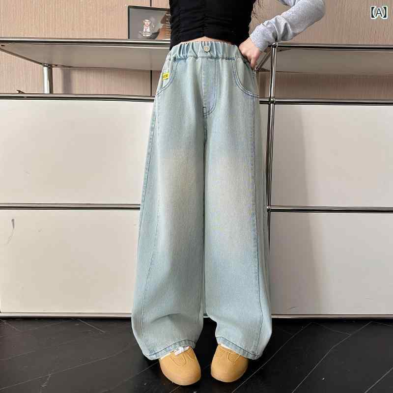 デニムパンツ 女の子 キッズ 子供向け 切り替え ワイドシルエット ジーンズ ライトブルー コットン カジュアル アクティブ 普段使い 通学 春夏秋 柔らかい