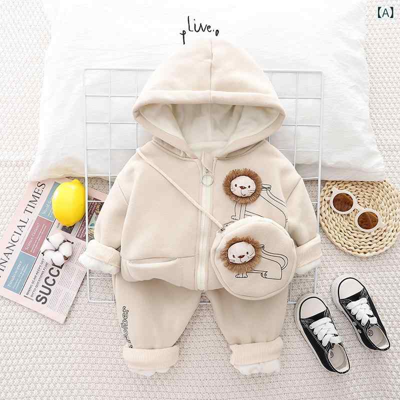 ベビー キッズ 男の子 セットアップ 冬服 裏起毛 厚手 あったか パーカー 長袖 パンツ 1-3歳 コットン 綿 フード付き ジップアップ かわいい 韓国子供服 アニマル柄