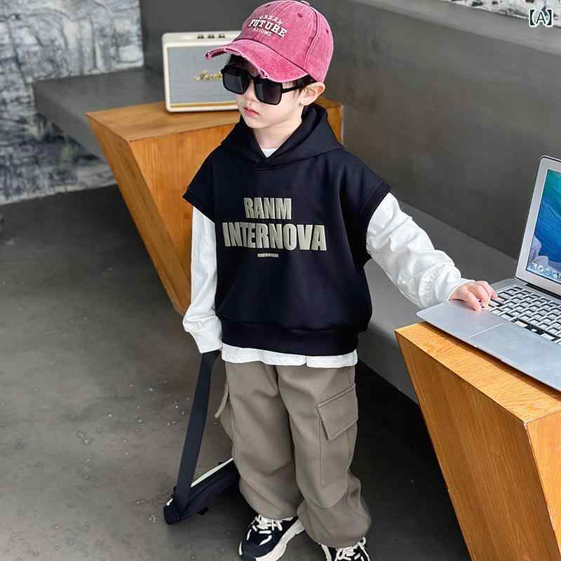 セットアップ 男の子 キッズ 春秋 パーカー フーディー ロングパンツ 長ズボン 長袖 フード付き アルファベット柄 おしゃれ ストリート カジュアル 韓国風 綿 コットン 肌触り良い ブラック 通園 通学 普段着