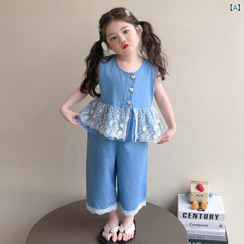キッズ 女の子 デニム ノースリーブ セットアップ クロップドパンツ 2点セット 夏 ブルー 綿混 薄手 軽量 普段使い カジュアル 韓国風 かわいい