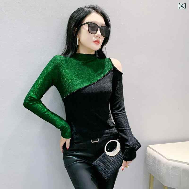 Tシャツ レディース 半ハイネック 長袖 スリムフィット オフショルダー 切り替え ビーズ装飾 ダメージ加工 ナイロン スパンデックス プルオーバー 通勤 エレガント 秋冬