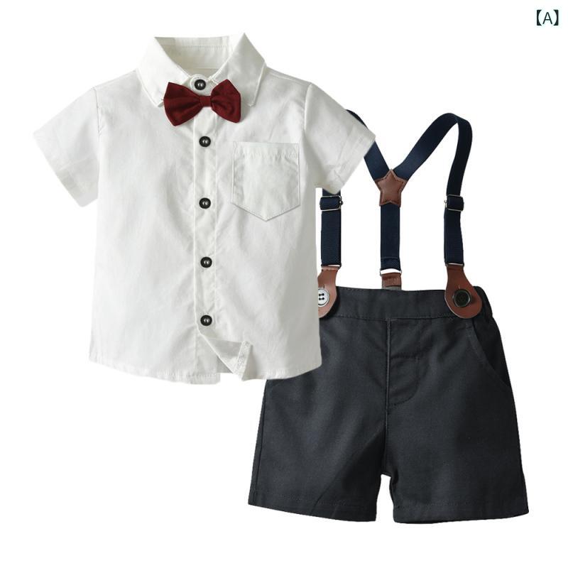 キッズ 男の子 春夏 半袖シャツ ショートパンツ セットアップ 白 コットン サスペンダー フォーマル スーツ お出かけ 結婚式 発表会 誕生日 パーティー 記念日 欧米風